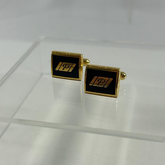 Vintage Cufflinks Black Gold Tone Letter P Square Wedding Prom Cuff Links - Picture 7 of 8